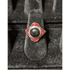 Medieval Ring - 8mm Onyx, Red Enamel and Silver - Adjustable