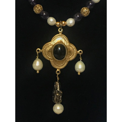 Triple Drop Italian Renaissance Necklace - Amethyst and Pearl