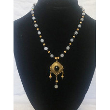 Triple Drop Italian Renaissance Necklace - Blue Chalcedony and Onyx