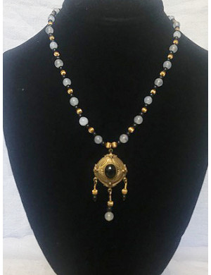Triple Drop Italian Renaissance Necklace - Blue Chalcedony and Onyx