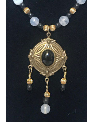 Triple Drop Italian Renaissance Necklace - Blue Chalcedony and Onyx