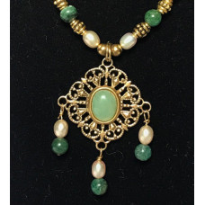 Triple Drop Italian Renaissance Necklace - Jade and Pearl