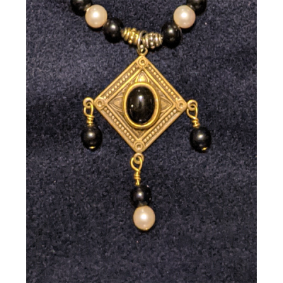 Triple Drop Italian Renaissance Necklace - Onyx and Antique Pearl